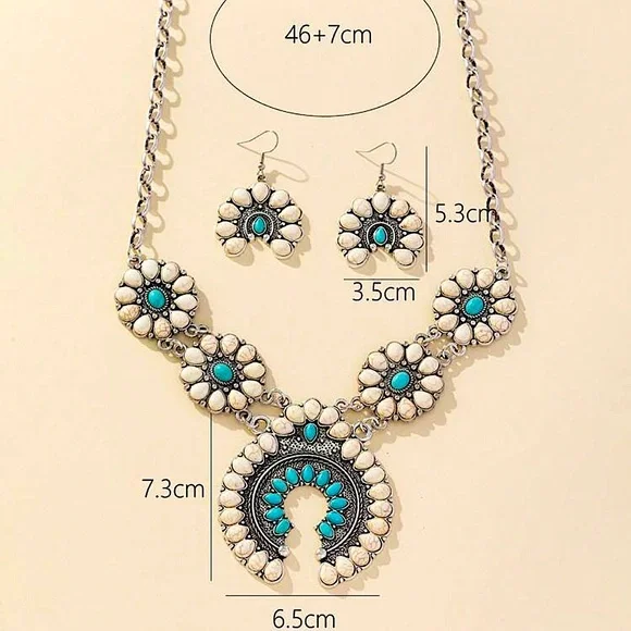 Boho Squash Blossom Turquoise Necklace, Navajo Necklace ,Squash Vintage - Picture 3 of 3